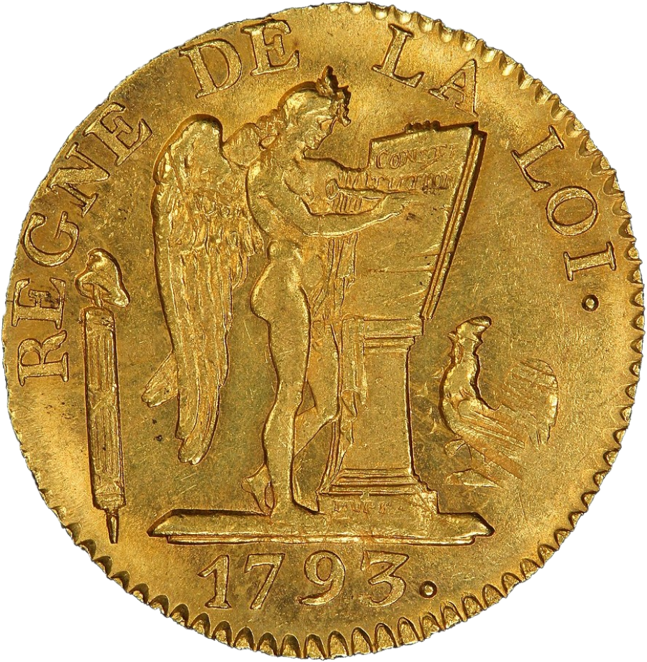 Avers (ou droit) d'une pièce d'or de 24 livres françaises, 1793.