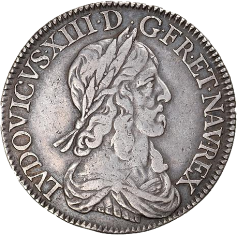 Demi-écu d'argent, Monnaie de Matignon, Paris, 1643, avers (ou droit) représentant le buste lauré, drapé et cuirassé de Louis XIII le Juste à droite, avec baies dans la couronne.