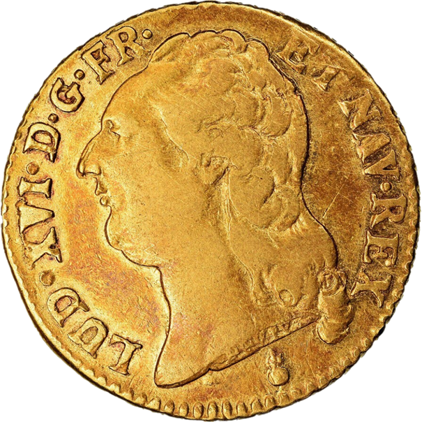 Louis d'or, Metz, 1787, avers (ou droit) représentant la tête nue de Louis XVI à gauche, avec la légende circulaire  « LUD. XVI. D. G. FR. ET NAV. REX ».