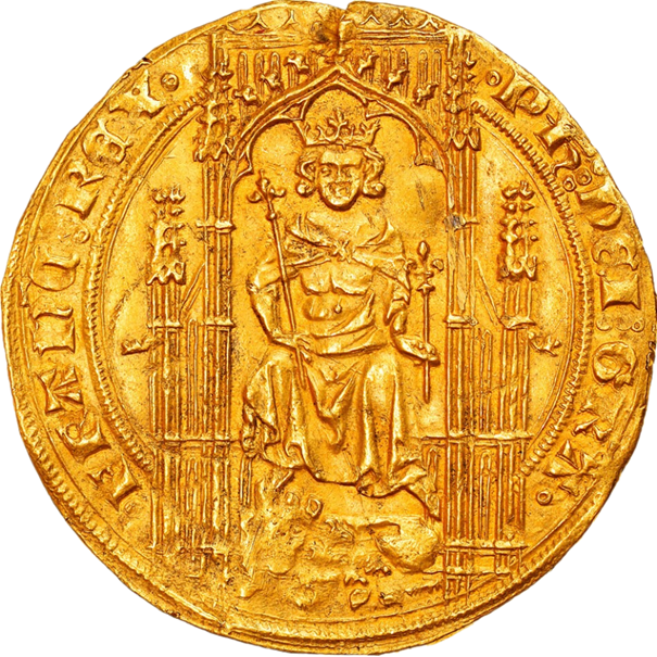 Lion d'or (avers ou droit) de Philippe VI (1328-1350) : le roi, couronné, est assis dans une stalle gothique, avec baldaquin. Il tient un sceptre long de sa main droite, un court de sa main gauche. Ses pieds sont posés sur un lion à gauche .