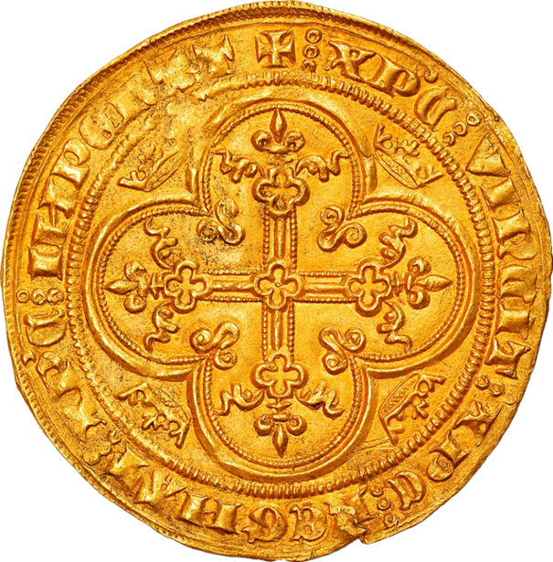 Lion d'or (revers) de Philippe VI (1328-1350) montrant une croix quadrilobée, feuillue et fleurdelisée, dans un quadrilobe tréflé cantonné de quatre couronnelles.