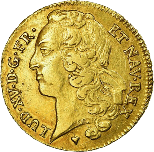 Double Louis d'or au bandeau, 1758, Strasbourg, avers (ou droit) représentant la tête à gauche de Louis XV (dit « le Bien-Aimé ») ceinte d'un bandeau.