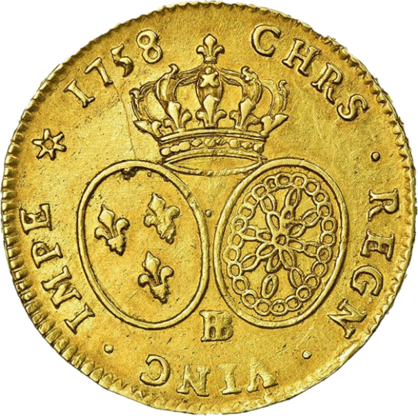 Double Louis d'or au bandeau, 1758, Strasbourg, revers arborant des écus ovales inclinés de France et de Navarre sous une couronne.