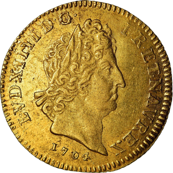 Louis d'or aux insignes, Paris, 1704 (avers ou droit) représentant la tête âgée de Louis XIV à droite, laurée sans baies dans la couronne avec la perruque courte.