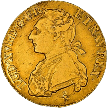 Louis d'or aux palmes, 1774, Paris (avers ou droit), représentant le buste du roi Louis XVI à gauche, en habit de cour, avec un jabot de dentelle, les cheveux noués sur la nuque par un ruban, et décoré de l'Ordre du Saint-Esprit.
