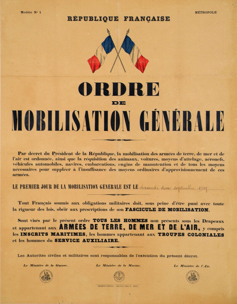 Ordre de mobilisation générale de la Seconde Guerre mondiale, daté du samedi 2 septembre 1939.