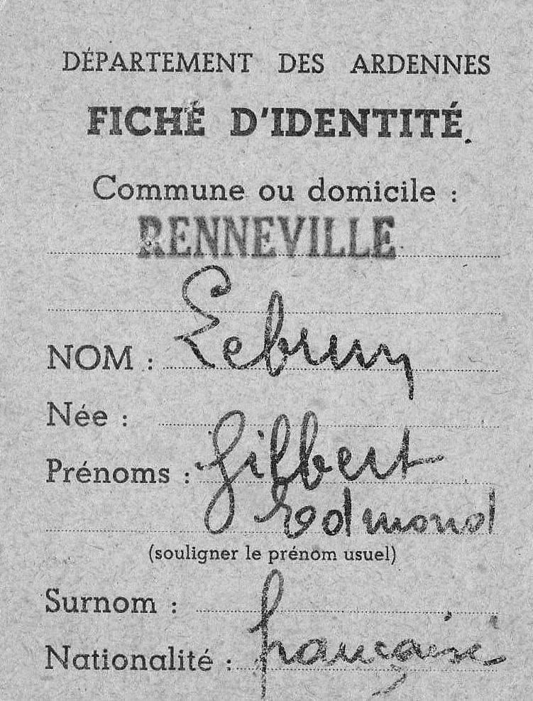 Recto de la fiche de monsieur Gilbert Lebrun, né à Rethel (Ardennes), enfant pendant l'exode de mai 1940 (collection privée, avec l’aimable autorisation de son propriétaire).