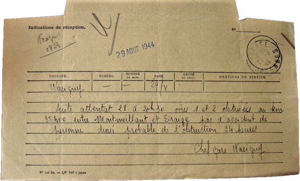 Télégramme du 29 août 1944 par le chef de gare de Wasigny, Archives départementales des Ardennes, 1050 W 114 [série W = archives publiques entrées par voie ordinaire (hors état civil, officiers publics et ministériels). Nota bene : les fonds contemporains reçoivent, au moment de leur versement, un numéro d’ordre suivi de la lettre W].