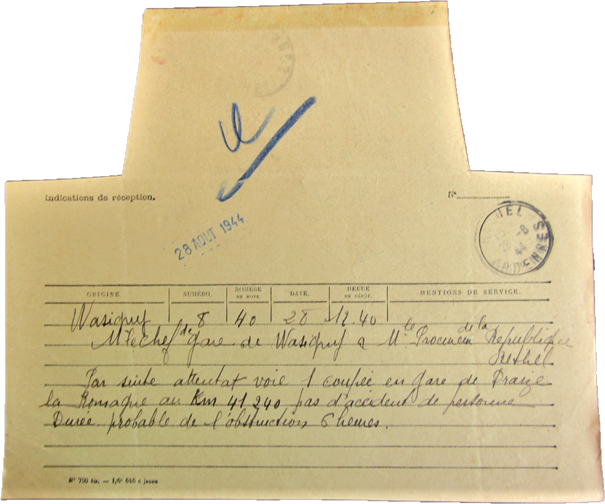 Télégramme du 28 août 1944 par le chef de gare de Wasigny, Archives départementales des Ardennes, 1050 W 114 [série W = archives publiques entrées par voie ordinaire (hors état civil, officiers publics et ministériels). Nota bene : les fonds contemporains reçoivent, au moment de leur versement, un numéro d’ordre suivi de la lettre W].