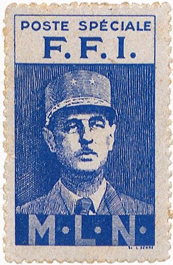 Timbre de la poste spéciale des FFI (Forces françaises de l'intérieur), à l'effigie du général de Gaulle, surmontant l'inscription MLN (Mouvement de libération nationale), papier gommelé et dentelé imprimé à l'encre bleue.