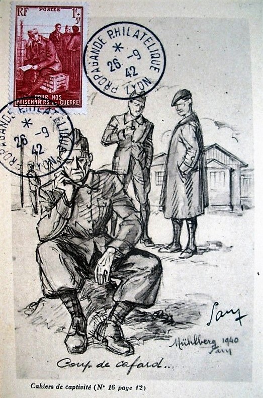 Pour nos prisonniers de guerre, timbre  brun carminé en taille douce, collé sur des cahiers de captivité de prisonniers de guerre du Stalag IV-B Mühlberg (1940).