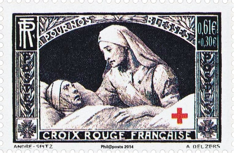 Pour nos blessés, timbre de la Croix-Rouge française, gravé en taille-douce.