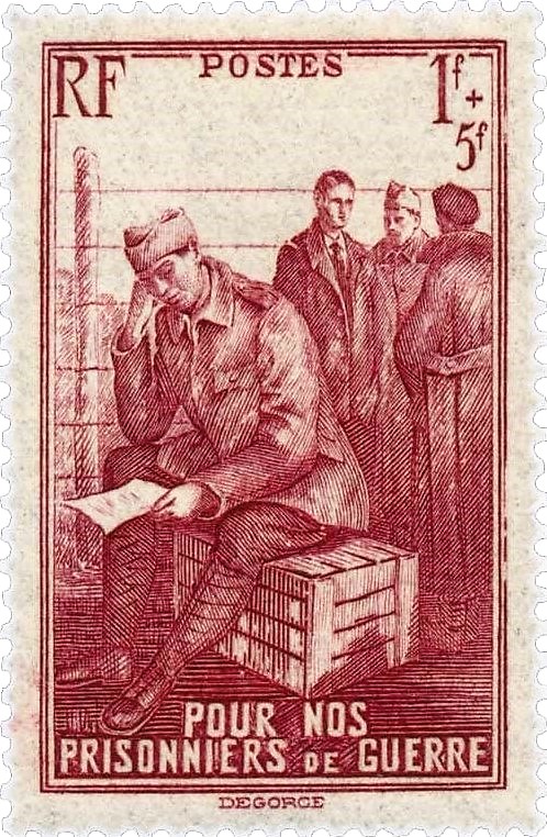 Pour nos prisonniers de guerre, timbre brun carminé en taille-douce.