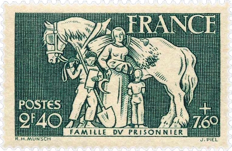 Famille du prisonnier, timbre vert en taille-douce.