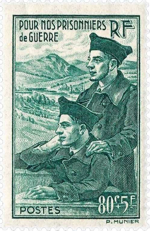 Pour nos prisonniers de guerre, timbre vert en taille-douce.
