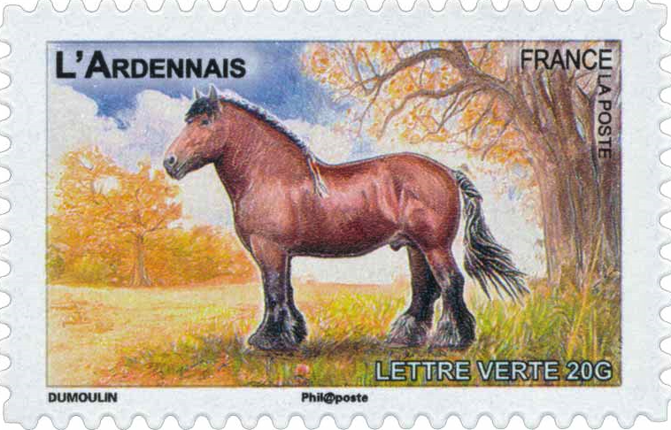 Cheval ardennais, héliogravure en quadrichromie, timbre dessiné par Elodie Dumoulin.