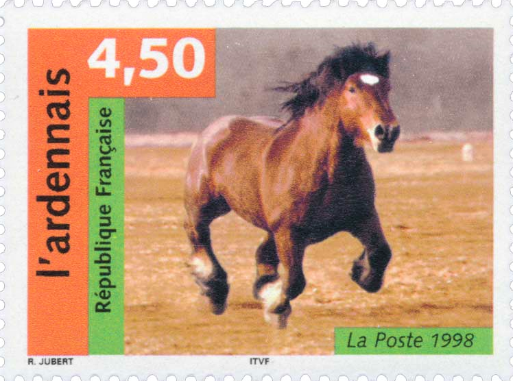 Cheval ardennais, héliogravure en quadrichromie, timbre dessiné par Roxane Jubert d'après une photographie de Varin-Visage Frères (Agence Jacana).