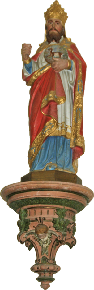 Statuette polychrome d'Hubert de Liège à l'église Saint-Jean. Prise de vue effectuée le dimanche 3 septembre 2017 à La Romagne (Ardennes). Crédits photographiques : © 2020 laromagne.info par Marie-Noëlle ESTIEZ BONHOMME.