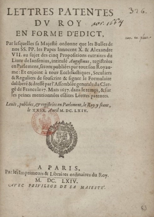 Les lettres patentes du roi en forme d'édit du mardi 29 avril 1664 ordonnent que les bulles des papes Innocent X et Alexandre VII seront publiées dans tout le royaume.