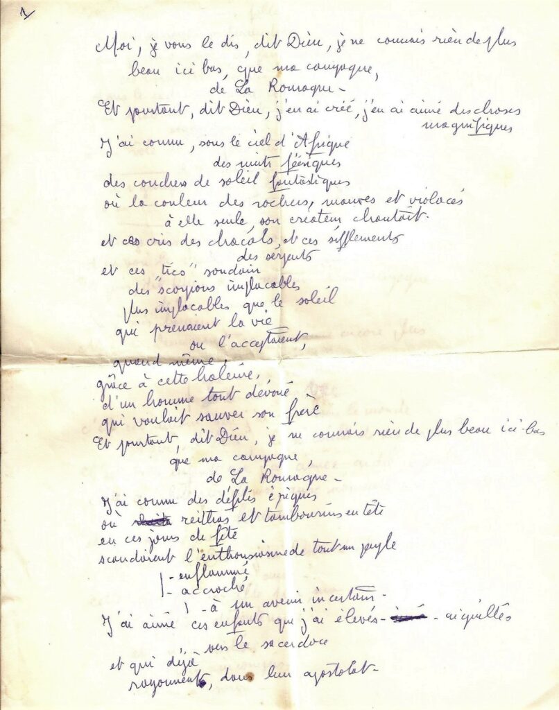 Manuscrit d'un poème chrétien rédigé pour La Romagne (Ardennes) par le curé de sa paroisse, Henri Gaston Leromain. Collection privée, avec l’aimable autorisation de madame Brigitte Alliot.