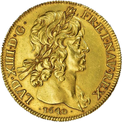 Monnaie de 100 livres dite 10 louis d'or – col nu – 1640 – Paris, avers représentant la tête laurée de Louis XIII à droite, au-dessous date. Légende en abréviations latines : LVD·XIII·D·G·FR·ET·NAV·REX / ·1640·