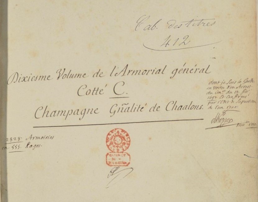 Bibliothèque nationale de France, document numérique, page non paginée, vue 2/558, consultable en ligne sur Gallica, Hozier, Charles-René, Volumes reliés du Cabinet des titres : recherches de noblesse, armoriaux, preuves, histoires généalogiques. Armorial général de France, dressé, en vertu de l’édit de 1696. X Champagne, 1701-1800, manuscrit en français, 555 pages, texte numérisé d’après l’original de la Bibliothèque nationale de France, site Richelieu, département des Manuscrits, Français 32237.