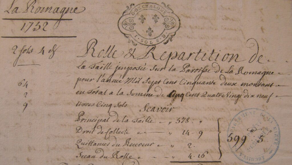 Rôle de La Romagne (Ardennes) en 1752. Archives départementales de la Marne, site de Châlons-en-Champagne, C 2169 [série C = administrations provinciales. – Intendances, subdélégations, élections et autres divisions administratives ou financières, bureaux des finances, états provinciaux, principautés, régences, etc., articles C 2099-2488, élections, cote C 2169 = liasse. – 185 pièces, 1 parchemin.]