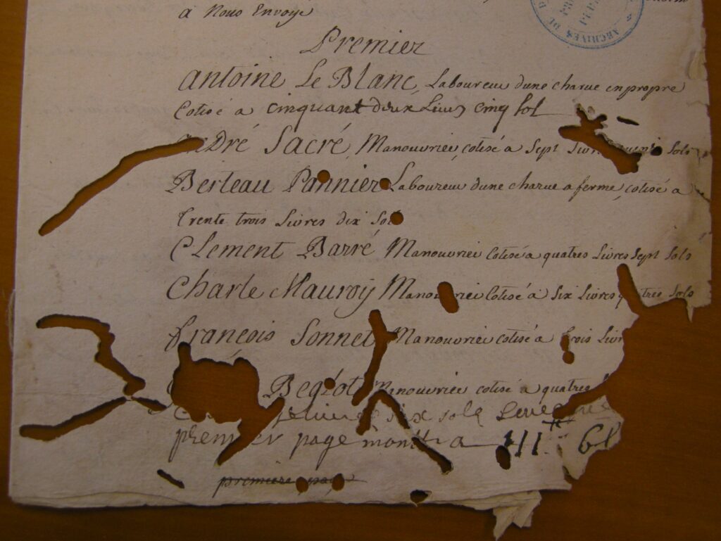 Rôle de la taille à La Romagne (Ardennes) en 1727. Certains insectes (termites, vrillettes, poissons d'argent, etc.) creusent les documents et en rendent la lecture difficile. Archives départementales de la Marne, site de Châlons-en-Champagne, C 2169 [série C = administrations provinciales. – Intendances, subdélégations, élections et autres divisions administratives ou financières, bureaux des finances, états provinciaux, principautés, régences, etc., articles C 2099-2488, élections, cote C 2169 = liasse. – 185 pièces, 1 parchemin.]