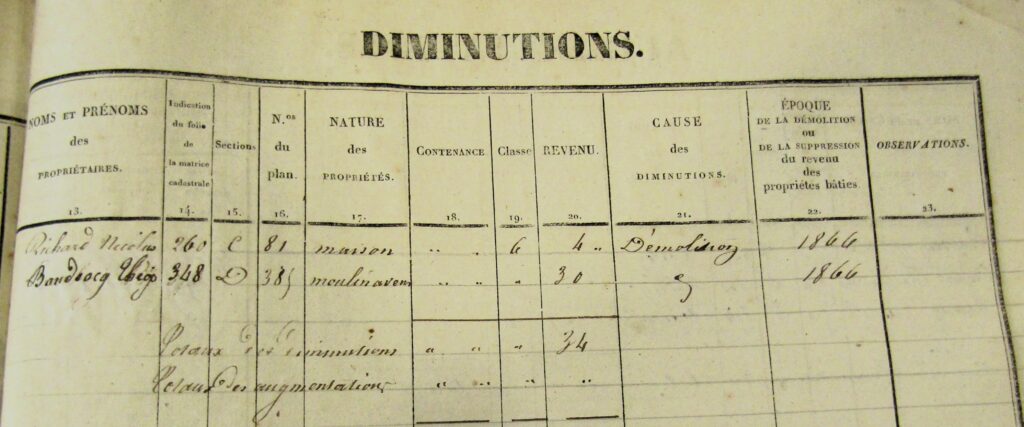 Démolition du moulin à vent de Théophile Boudsocq en 1866. Archives départementales des Ardennes, 3P 369 [série P = finances, cadastre, postes depuis 1800, sous-série 3P = cadastre et remembrement.]