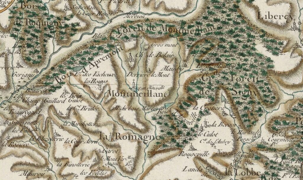 Bibliothèque nationale de France, document numérique, IFN-53095169, Baillergeau (topographe ; cartographe) ; Luc (cartographe) ; Durocher (cartographe) ; La Villette (cartographe) ; Chalmandrier, Nicolas (graveur) ; Le Roy le jeune (graveur en lettres) ; Cassini de Thury, César-François (cartographe ; éditeur scientifique), Carte générale de la France, n° 78, feuille 43e [Charleville-Mézières – Sedan], échelle au 1 : 86400 [ou 1 ligne pour 100 toises], 1 carte en couleurs ; 60 x 95 cm, [s. l.] : Thévenart ; Aubert, 1759-1760, vue 1/1, consultable en ligne sur Gallica, image reproduite d’après l’original de la Bibliothèque nationale de France, site François Mitterrand, GE FF-18595 (78).