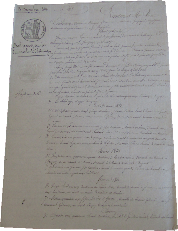 Bail du moulin Garrot signé le 5 décembre 1840. Archives départementales des Ardennes, 3E 35 122 [série E = état civil, officiers publics et ministériels, sous-série 3E = notaires, articles 3E 1-276 = archives notariales de Charleville.]