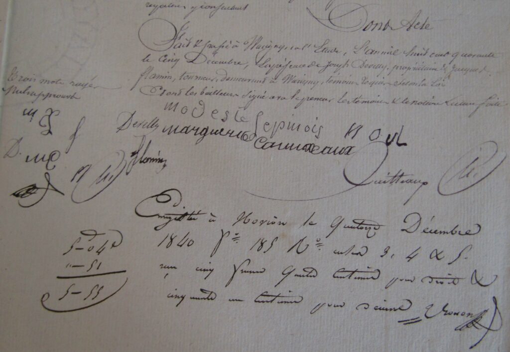 Signatures du bail du moulin Garrot le 5 décembre 1840. Archives départementales des Ardennes, 3E 35 122 [série E = état civil, officiers publics et ministériels, sous-série 3E = notaires, articles 3E 1-276 = archives notariales de Charleville.]