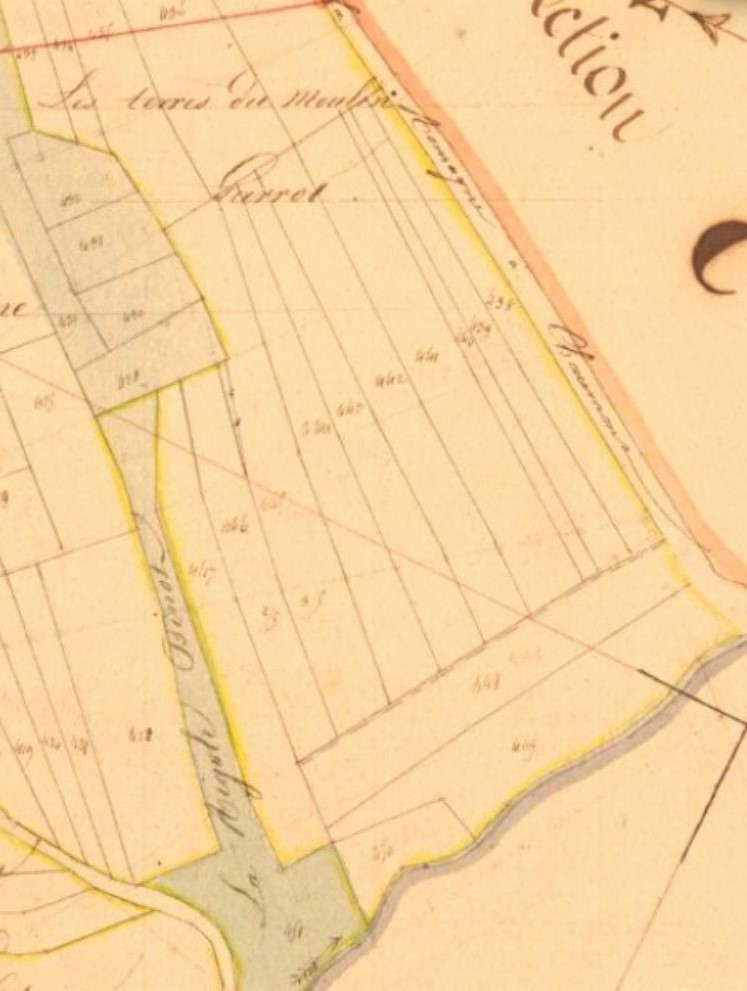 Les terres du Moulin Garrot. Archives départementales des Ardennes, La Romagne D1 1835, cadastre ancien, plan parcellaire avec une partie développée à l'échelle 1/1250, section et numéro de feuille D1 : la Cour Avril et le Bois Diot, 1835, consultable en ligne.