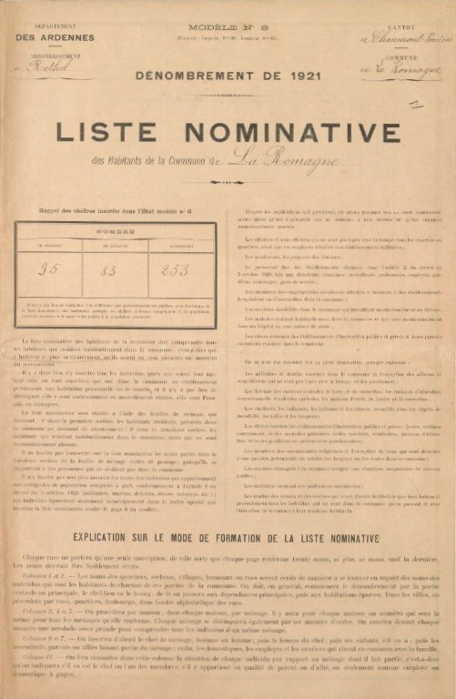 Archives départementales des Ardennes, EDEPOT/ROMAGNE[LA]/F 1, [série EDEPOT = archives communales déposées, sous-série EDEPOT/ROMAGNE[LA] = fonds concernant La Romagne ; série F = population – économie – statistiques, sous-série F1 = population : mouvement, recensement (liste nominative, récapitulatif), 1911-1931], dénombrement de 1921, pages non paginées, vues 1/14 et suivantes, consultables en ligne.