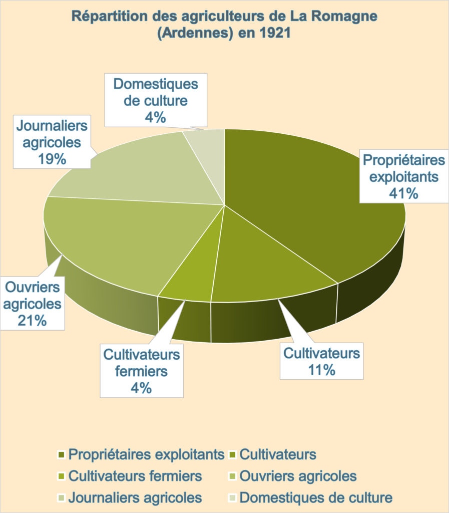 En 1921, les propriétaires exploitants, qui représentent la catégorie la plus riche des agriculteurs de La Romagne (Ardennes), sont majoritaires. Graphique de type « secteurs en 3D ». Crédits iconographiques : © 2020 laromagne.info par Marie-Noëlle ESTIEZ BONHOMME.