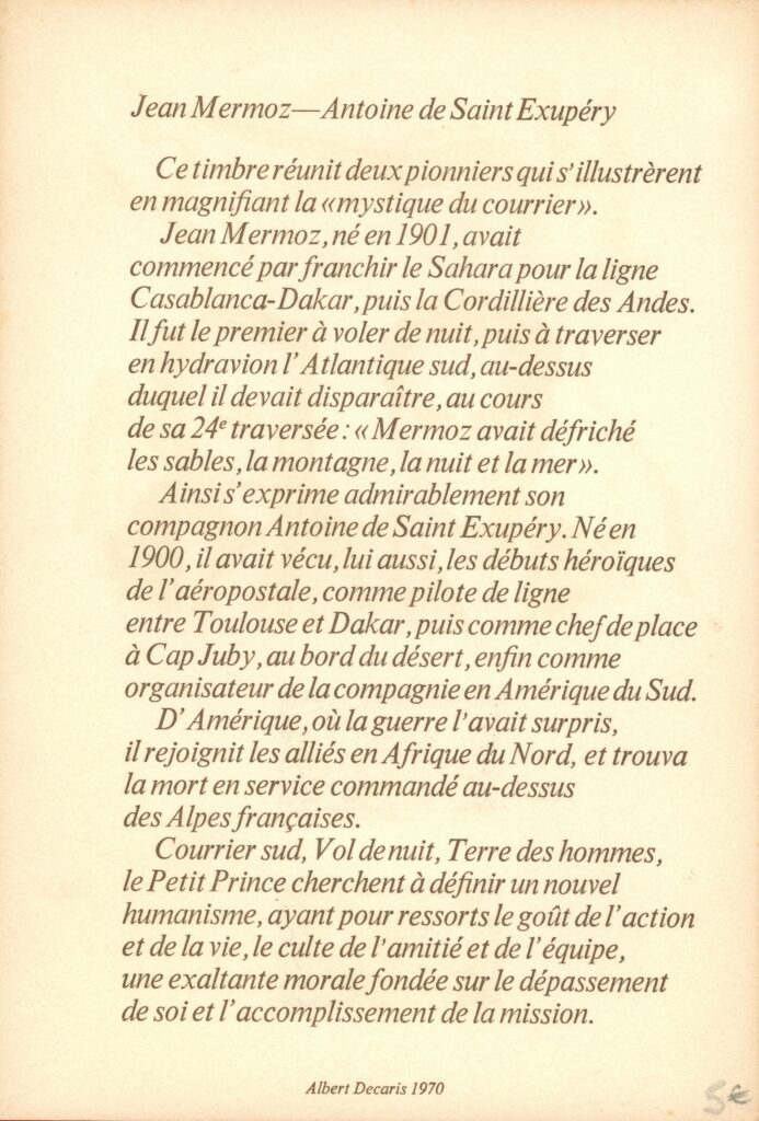 Carte aux timbres oblitérés premier jour représentant Jean Mermoz et Antoine de Saint-Exupéry (avec l'aimable autorisation de messieurs Gilbert Druart et Michel Triquet, vice-président et trésorier de l'association Racines de Mermoz).