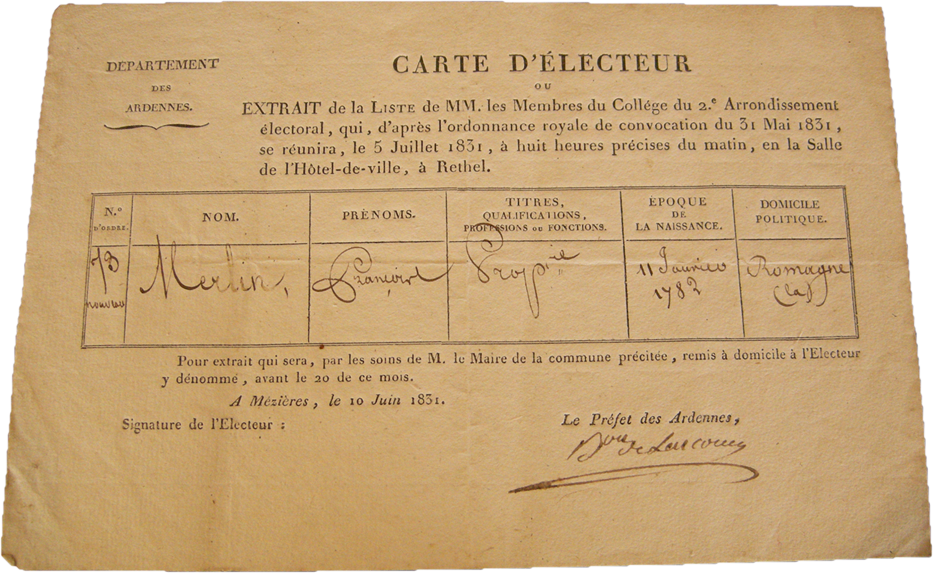 
Carte d'électeur de monsieur François Merlin, maire de La Romagne (Ardennes) de 1817 à 1837. Archives départementales des Ardennes, 7 J 43 [série J = archives d’origine privée (entrées par voie d’achat, don, legs ou dépôt), sous-série 7J = collection du docteur Octave Guelliot, érudit local, cote 7J 43 = ex-libris ardennais].