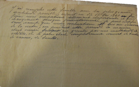 Feuille volante portant sur des réclamations. Cf. archives départementales des Ardennes, 147W 319, Rocquigny ; madame Gabrielle Gillet-Mermoz [château de Rocquigny] ; [intitulé] ; Ardennes. Préfecture, 2e division, 3e bureau [producteur] ; 1941-1946 [dates de début et de fin] ; [série W = archives publiques entrées par voie ordinaire postérieures au 10 juillet 1940 (hors état civil, officiers publics et ministériels) ; dossiers individuels, questionnaires d’enquête, listes nominatives.]