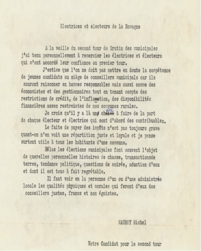 Discours de monsieur Michel Mauroy, candidat pour le second tour aux élections municipales de La Romagne (Ardennes) en 1983, collection privée, avec l’aimable autorisation de monsieur Pierre Fleury.