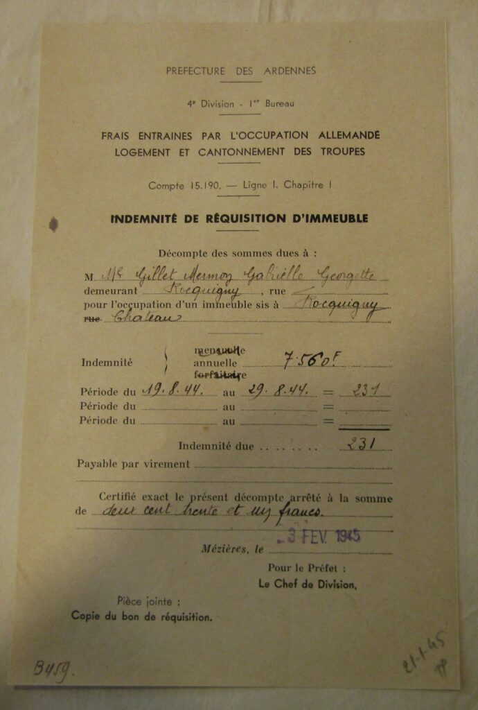 Indemnité de réquisition d'immeuble. Décompte des sommes dues. Cf. archives départementales des Ardennes, 147W 319, Rocquigny ; madame Gabrielle Gillet-Mermoz [château de Rocquigny] ; [intitulé] ; Ardennes. Préfecture, 2e division, 3e bureau [producteur] ; 1941-1946 [dates de début et de fin] ; [série W = archives publiques entrées par voie ordinaire postérieures au 10 juillet 1940 (hors état civil, officiers publics et ministériels) ; dossiers individuels, questionnaires d’enquête, listes nominatives.]