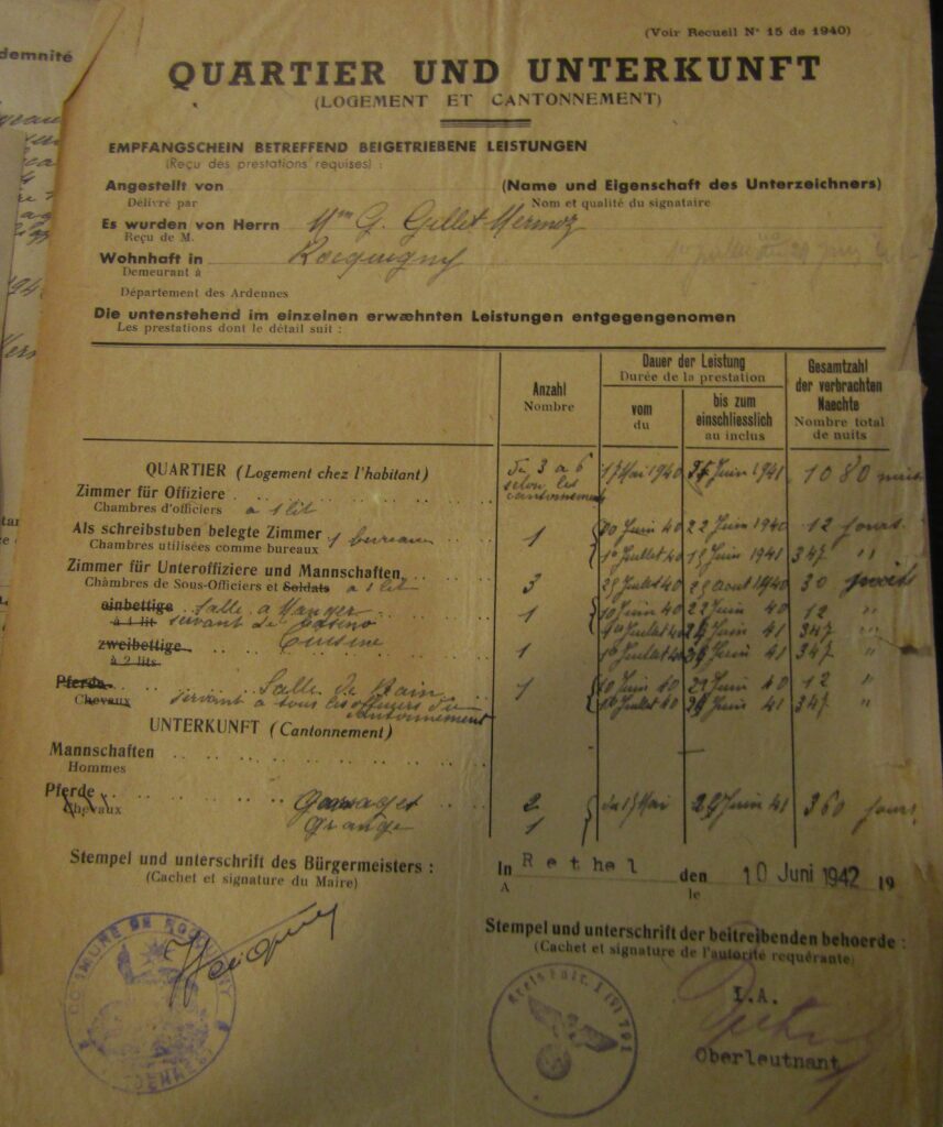 Logement et cantonnement. Cf. archives départementales des Ardennes, 147W 319, Rocquigny ; madame Gabrielle Gillet-Mermoz [château de Rocquigny] ; [intitulé] ; Ardennes. Préfecture, 2e division, 3e bureau [producteur] ; 1941-1946 [dates de début et de fin] ; [série W = archives publiques entrées par voie ordinaire postérieures au 10 juillet 1940 (hors état civil, officiers publics et ministériels) ; dossiers individuels, questionnaires d’enquête, listes nominatives.]