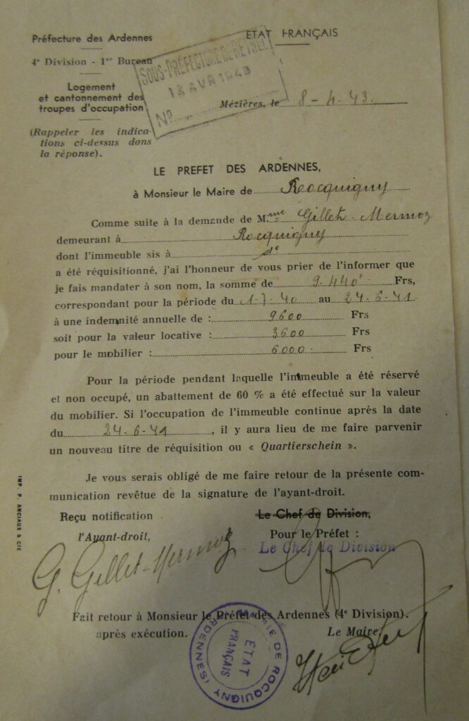 Mandat en vue d'une indemnisation. Cf. archives départementales des Ardennes, 147W 319, Rocquigny ; madame Gabrielle Gillet-Mermoz [château de Rocquigny] ; [intitulé] ; Ardennes. Préfecture, 2e division, 3e bureau [producteur] ; 1941-1946 [dates de début et de fin] ; [série W = archives publiques entrées par voie ordinaire postérieures au 10 juillet 1940 (hors état civil, officiers publics et ministériels) ; dossiers individuels, questionnaires d’enquête, listes nominatives.]