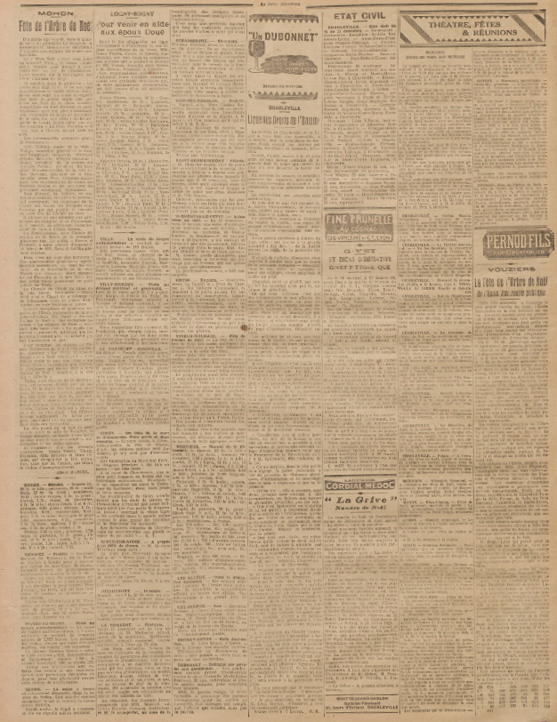 Archives départementales des Ardennes, DEP/ARDENNAIS 101, « La Romagne. — Obsèques » [chronique locale et régionale], in Le Petit Ardennais : journal politique [« puis » journal républicain] quotidien. Charleville : [s. n.], 1880-1944, quarante-neuvième année, n° 15166, lundi 23 et mardi 24 décembre 1929, p. 3, deuxième et troisième colonnes [presse locale ancienne, vue 3/6, consultable en ligne].