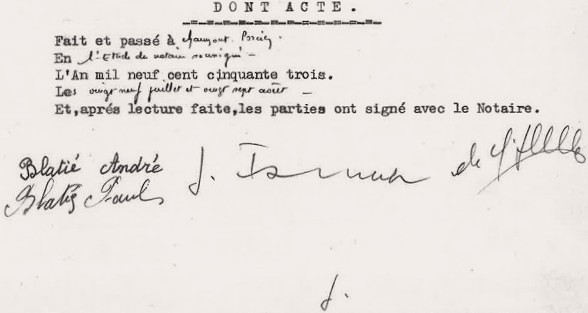 Acte de la vente du château de Rocquigny (Ardennes) les 29 juillet et 27 août 1953 par le mandataire de madame Gabrielle Gillet à monsieur André Blatié.