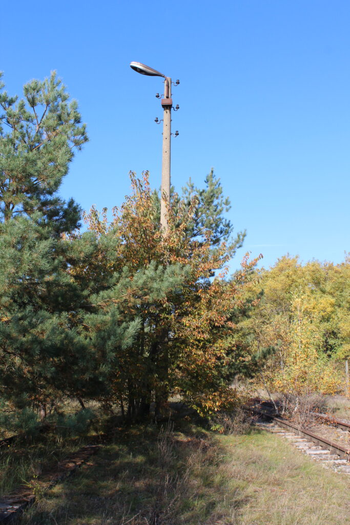 Vestiges d'un lampadaire en bordure de voie ferrée et d'un soubassement à Eisenhüttenstadt (Allemagne), dans le quartier de Fürstenberg (Oder). Photographie en couleurs, prise de vue effectuée le dimanche 27 octobre 2024. Crédits photographiques : © 2020 laromagne.info par Marie-Noëlle ESTIEZ BONHOMME.