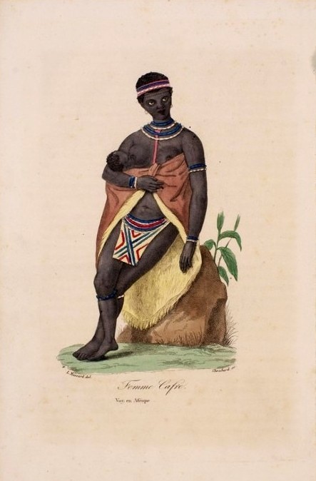 A gauche : musée historique de Villèle (Saint-Gilles-les-Hauts, La Réunion), document numérique, numéro d’inventaire 2019.1.38, Cafre, dessin de Léopold Massard, gravure de Choubard (1e moitié du XIXe siècle), estampe rehaussée à l’aquarelle sur papier, 35 × 25,5 cm, notice descriptive consultable en ligne. A droite : musée historique de Villèle (Saint-Gilles-les-Hauts, La Réunion), document numérique, numéro d’inventaire 2019.1.39, Femme cafre, dessin de Léopold Massard, gravure de Choubard (1e moitié du XIXe siècle), estampe rehaussée à l’aquarelle sur papier, 35 × 25,5 cm, notice descriptive consultable en ligne.