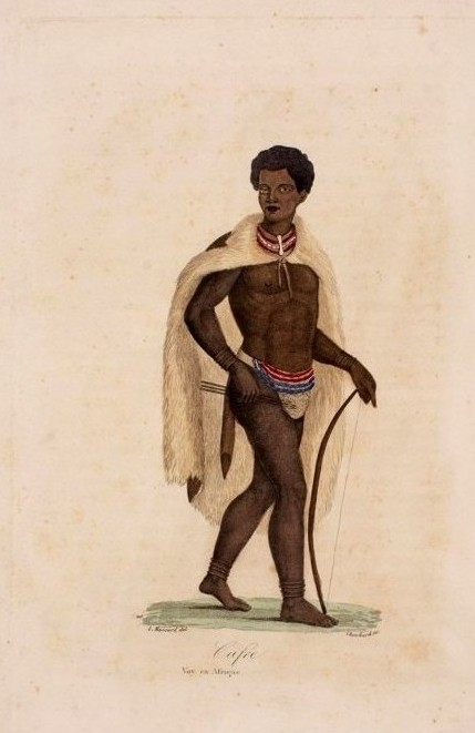 A gauche : musée historique de Villèle (Saint-Gilles-les-Hauts, La Réunion), document numérique, numéro d’inventaire 2019.1.38, Cafre, dessin de Léopold Massard, gravure de Choubard (1e moitié du XIXe siècle), estampe rehaussée à l’aquarelle sur papier, 35 × 25,5 cm, notice descriptive consultable en ligne. A droite : musée historique de Villèle (Saint-Gilles-les-Hauts, La Réunion), document numérique, numéro d’inventaire 2019.1.39, Femme cafre, dessin de Léopold Massard, gravure de Choubard (1e moitié du XIXe siècle), estampe rehaussée à l’aquarelle sur papier, 35 × 25,5 cm, notice descriptive consultable en ligne.