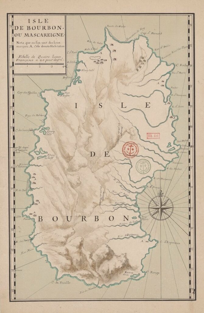 Bibliothèque nationale de France, document numérique, IFN-53105355, Isle de Bourbon ou Mascareigne, [17ᵉ ou 18ᵉ siècle], carte manuscrite en couleur, 50,5 × 32 cm, échelle : 4 lieues françoises [= 7,5 cm], note manuscrite sous le titre : « Nota que ou l’on voit des lieux marqués A, cela denote habitation », image cartographique sans médiation, reproduite d’après l’original de la Bibliothèque nationale de France, site Richelieu, GE SH 18 PF 218 DIV 2 P 10/1 D, consultable en ligne sur Gallica.