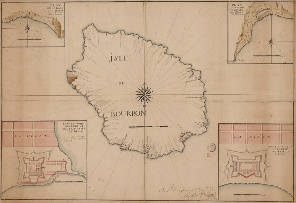 Bibliothèque nationale de France, document numérique, IFN-53105241, Isle de Bourbon, par Denis de Nyon (Chevalier de Saint-Louis), 1723, carte manuscrite en couleur, 55,5 × 81 cm, échelle : 5 lieues [= 10,5 cm], encartés : plans de la rade de Saint-Denis, de la rade de Saint-Paul, du fort et batterie basse de Saint-Denis, et du fort et batterie de Saint-Paul, mention manuscrite : « À l’Isle de France, le 15 septembre 1723, Le Chevalier Denyon », image cartographique sans médiation, reproduite d’après l’original de la Bibliothèque nationale de France, site Richelieu, GE SH 18 PF 218 DIV 2 P 13, consultable en ligne sur Gallica.