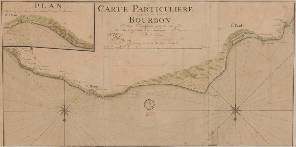 Bibliothèque nationale de France, document numérique, IFN-53105369, Carte particulière de la côte de l’Isle de Bourbon depuis Ste. Suzanne jusqu’à St. Gilles, où sont renfermés les mouillages de St. Denis et de St. Paul, [17e ou 18e siècle], document cartographique manuscrit en couleur, 34 × 68 cm, échelle : 3 lieues marines de 3000 toises [= 22 cm], orienté au sud, image cartographique sans médiation, reproduite d’après l’original de la Bibliothèque nationale de France, site Richelieu, GE SH 18 PF 218 DIV 3 P 2 D, consultable en ligne sur Gallica.